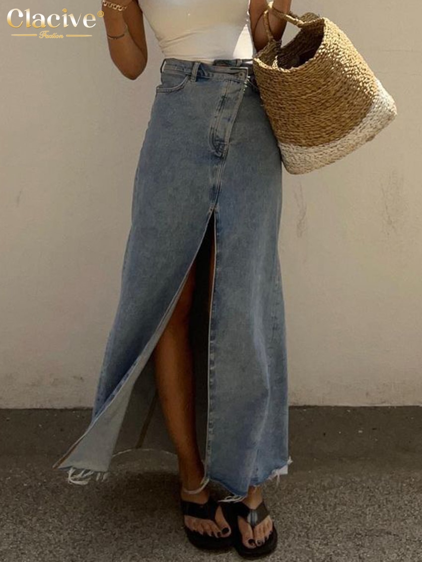 Clacive-Vintage-Loose-Chic-Skirts-For-Women-Elegant-High-Waist-Office-Lady-Long-Skirt-Fashion-Blue