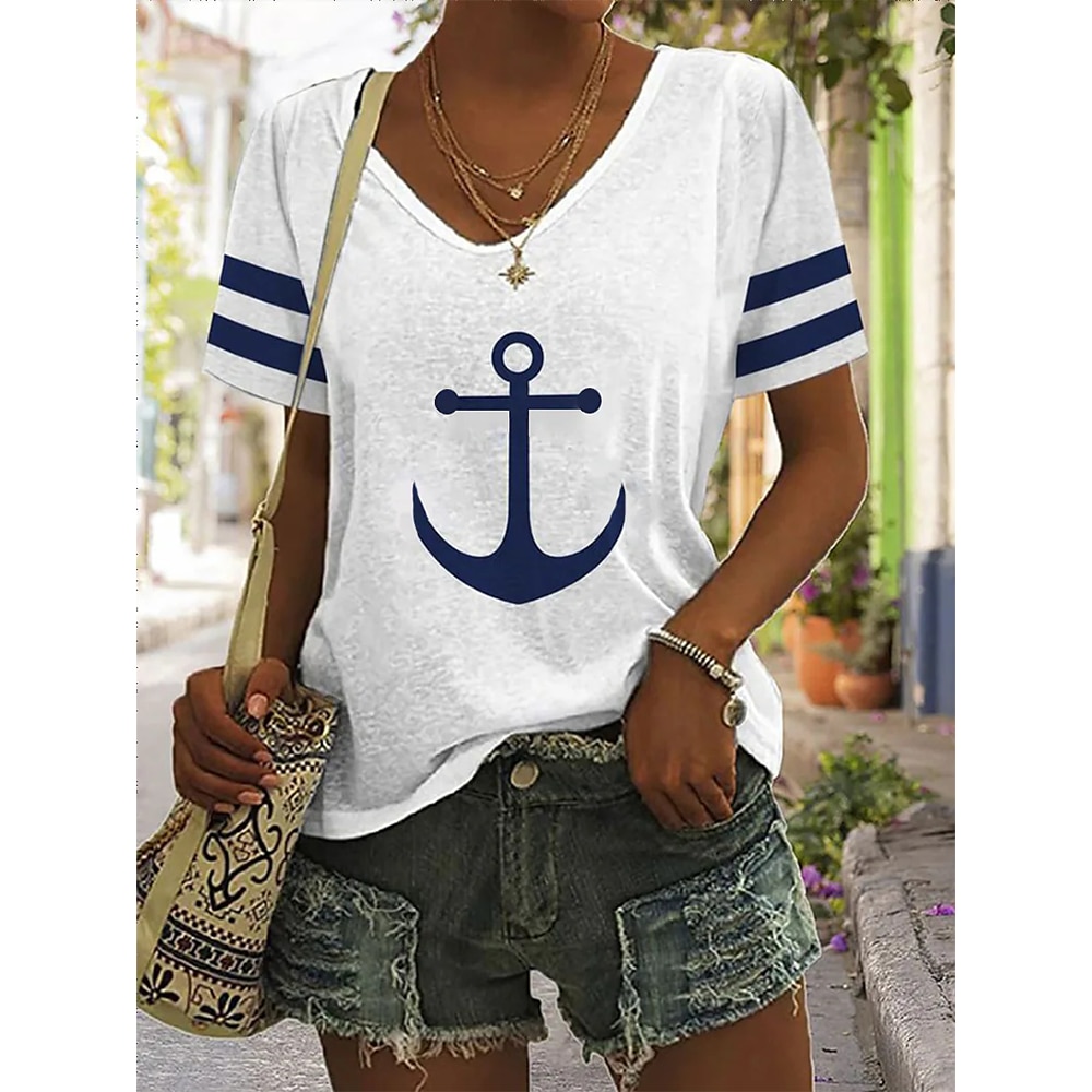 Summer-Shirts-Women-T-Shirt-Short-Sleeve-Tops-Anchor-Graphic-Clothing-Everyday-Streetwear-V-Neck-Pullovers